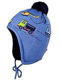 Babymode maximo Baby-Jungen mit Fahrzeugmotiven und Pompon und Bindeband Mütze, Blau (Denim/Navy 4048), (Herstellergröße: 47)