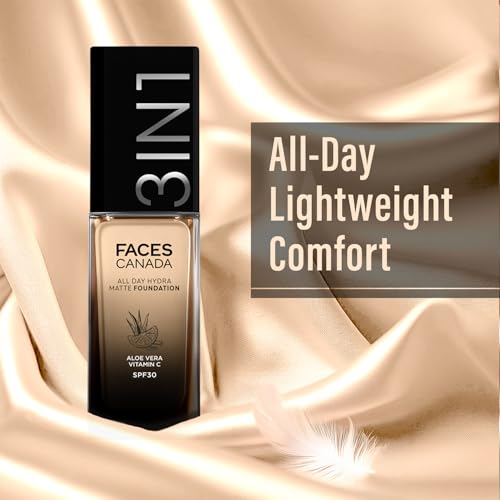 FACESCANADA All Day Hydra Matte Foundation with SPF 30 - Absolute Ivory | 3-in-1 Foundation Moisturizer Sunscreen | Oil Free with Vitamin C | 0.85 Fl oz (25ml)
