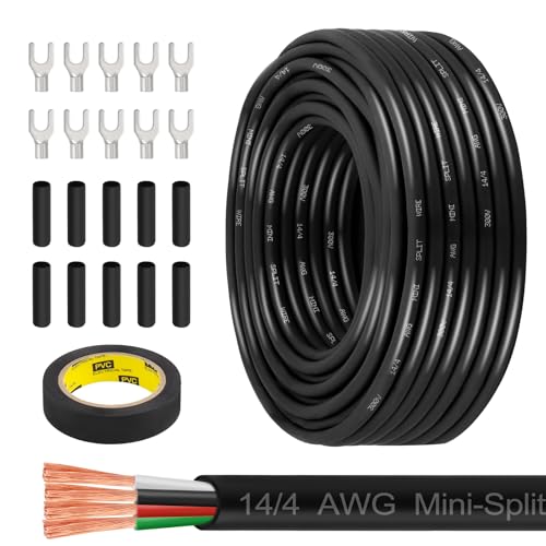 MOOKEERF 14/4 AWG Mini-Split Cable - 50FT 14 AWG 4 Conductor Control Cable 300V Stranded Oxygen-Free Pure Copper Wire for Mini Split Air Conditioner Heat Pump HVAC Systems and Speaker Systems