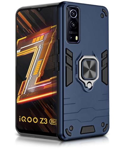 Image of WOW IMAGINE Shock Proof Back Case Mobile Cover for iQOO Z3 | Back Cover Case (Tough Armor | Hybrid PC + TPU | Ring Holder & in-Built Kickstand | Blue)