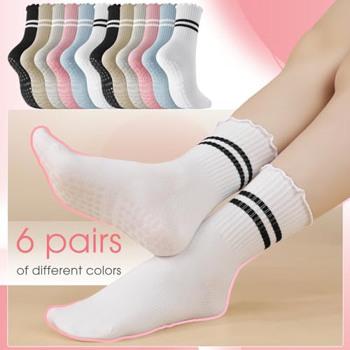 Image of Jspupifip Pilates Socks with Grips for Women, 6 Pairs Ruffle Yoga Socks Frilly Barre Non Skid Athletic Crew Grip Cotton Socks for Ballet, Dance, Workout, Fitness