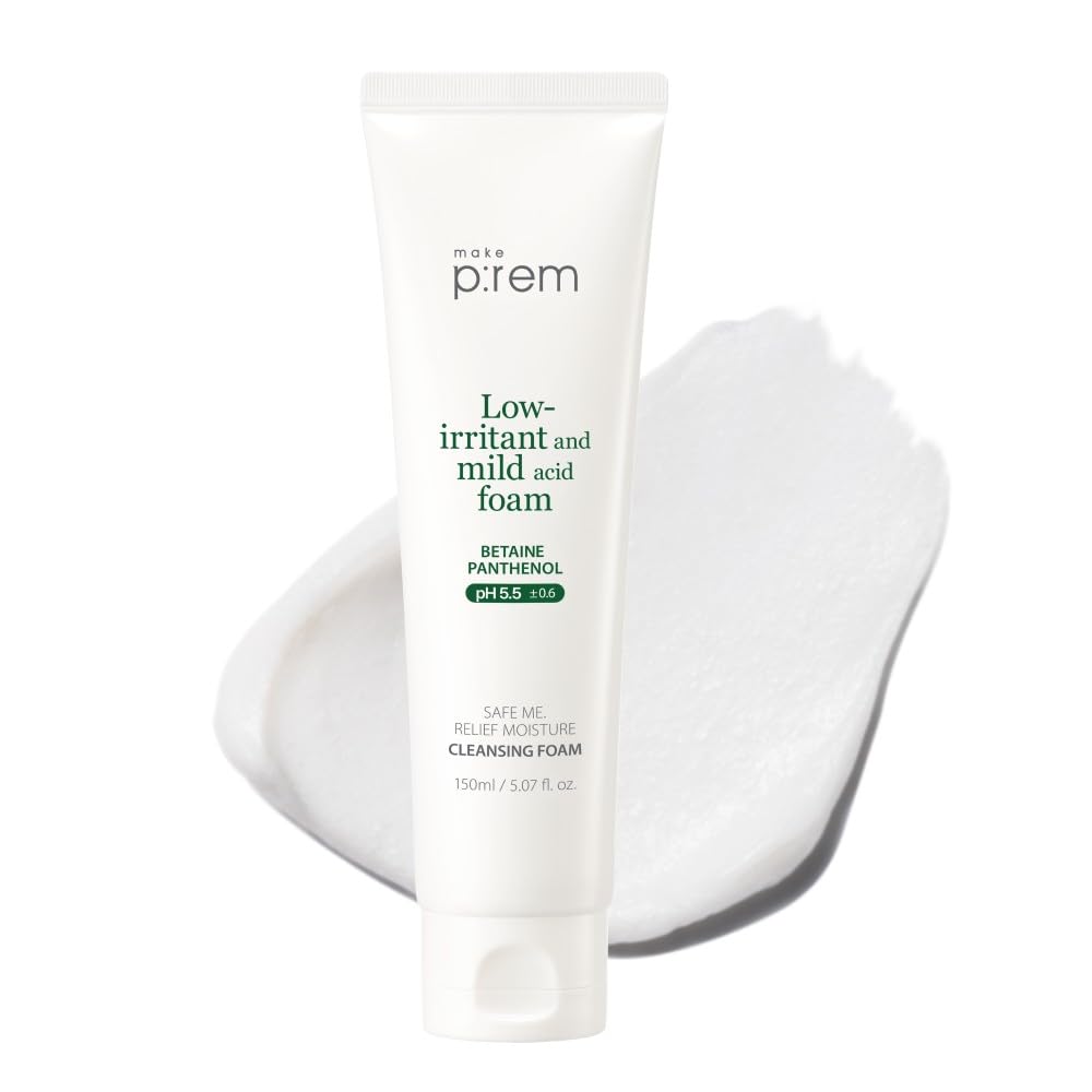 MAKE P:REM Safe Me. Relief Moisture Cleansing Foam, Delicate Eye-Friendly Face Wash for Sensitive Skin, pH Balanced Deep Pore Cleansing, Korean Skin Care, 5.07 Fl Oz, 150ml