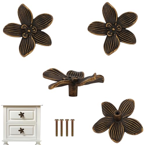 Brosay 4 Pcs Gold Brass Flower Dresser Knobs Brushed Cabinet Pulls (Bronze)