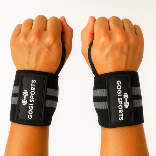 GOGI SPORTS Wrist Wraps 18" for Weightlifting & Powerlifting – Thumb Loop Gym Wrist Straps, Heavy-Duty Elastic, Adjustable Compression, Pair for Men & Women - Gray