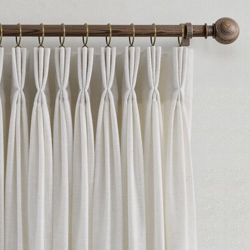 Triple Pinch Pleated Curtains for Living Room 90 Inch Linen Curtains 2 Panels Set Natural Cream Light Filtering Semi Sheer Pinch Pleat Drapes Memory Trained 90 Inches Long Neutral Modern Home Decor