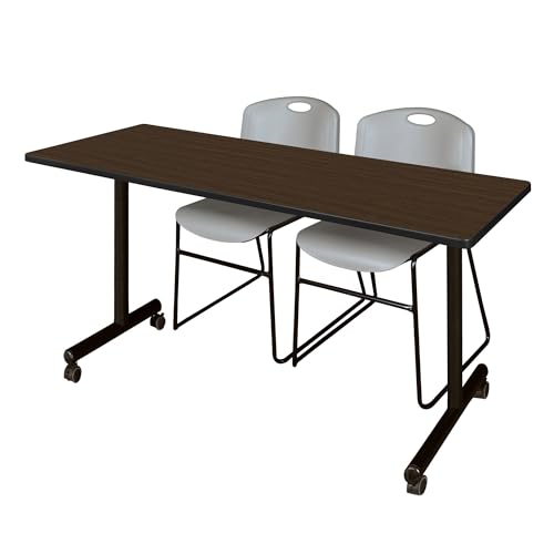 Image of Regency Kobe 66 x 24 in. Mobile T-Base Training Table- Neo Walnut, 2 Zeng Stack Chairs- Grey