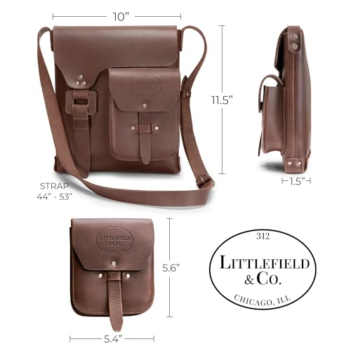 Littlefield & Co., Rustic Satchel with Adjustable Shoulder Strap, Classic Messenger Bag, Travel Accessory, Thick Full Grain Leather, Handmade, Bourbon Brown4