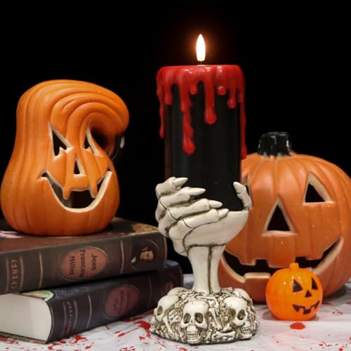 GenSwin Halloween Black Pillar Flameless Candles Battery Operated with 6H Timer, 1 PCS Real Wax LED Flickering Candles with Ghost Hand and Skull Candlesticks for Home Decor (D4”xH11”)