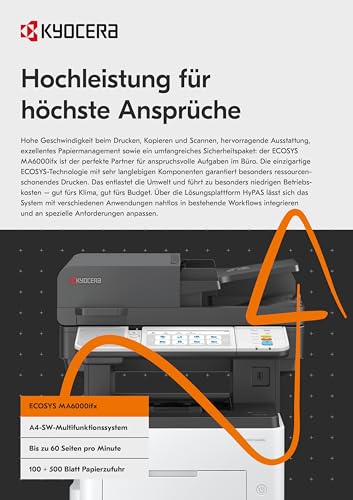 Kyocera Ecosys MA6000ifx Multifunktionsdrucker Schwarz Weiss, 60 Seiten pro Minute. Drucker Scanner Kopierer, Fax. Touchpanel, 100+500 Blatt Papierzufuhr, Gigabit LAN, Mobile Print