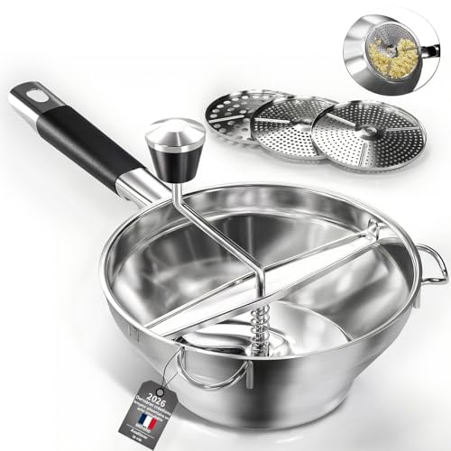 Moulin à Légumes en acier inoxydable avec 3 disques interchangeables,broyeur manuel à manivelle pour aliments pour bébés,pour sauce tomate et purée de pommes de...