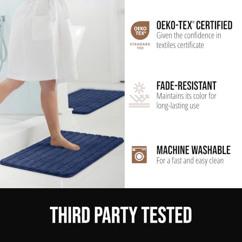 Image of GORILLA GRIP Memory Foam Bathroom Rugs, Soft Absorbent Textured Rubber Backing Striped Bath Mat, Set of 2 Machine Washable Quick Dry Floor Mats, Shower Rugs Home Accessories, Navy 24x16 and 30x18