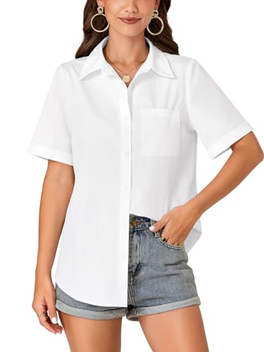 KIFOVEN Women’s Short Sleeve Button Down Shirt Collared Cotton Casual Summer Blouse Top with Pocket