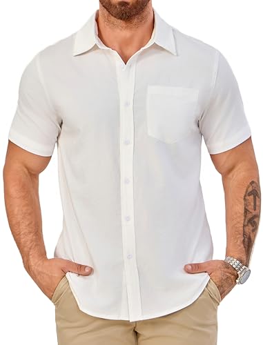 KTTEI Men's Short Sleeve Button Down Shirts Casual Blending Beach Shirt with Chest Pocket Classic Fit Summer Tops White