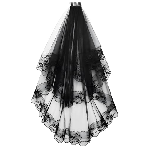 Fogcosy Halloween Black Veil - Women's Printing Tulle Short, Gothic Bride Veil, Halloween Party Black Lace Veils for Witch Costume, Fancy Dress Hair Accessory