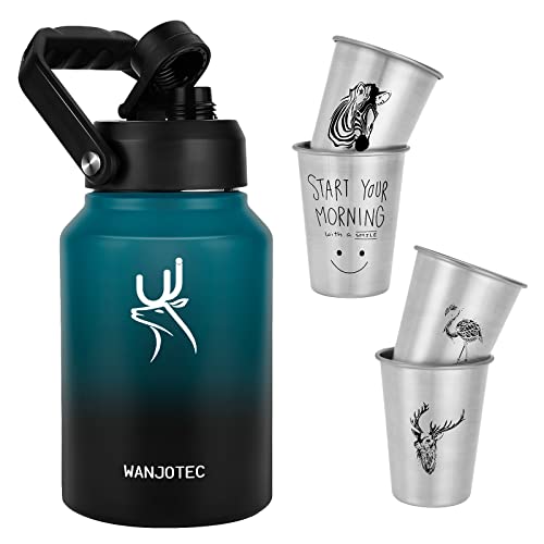 64 Oz Insulated Water Bottle 2 Pack Wide Mouth Half Gallon Metal Water Bottle Handle Lid, Double Wall Stainless Steel Thermos Keep Cold 48H Warm 24H, Large Water Jug With 4 Cups For Gym Travel Camping #TOP7
