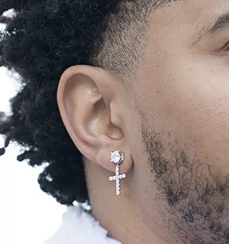 Got Drip? Mens Stud Cross Earrings Dangle Drop Hoop Cz Iced Out Sterling Silver (Silver) #TOP1