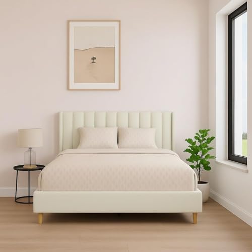 Image of Wooden Upholstered Bed Queen Size Without Storage | Wooden Queen Size Cot with Headboard | Double Size Bed for Bedroom | Palang Furniture for Guest Room, White (75x60)