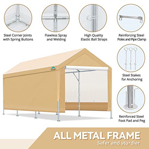 ADVANCE OUTDOOR Adjustable 10x20 ft Heavy Duty Carports Car Canopy Garage Shelter Boat Party Tent, Adjustable Heights from 9.5ft to 11.0ft, Removable Sidewalls and Doors, Beige