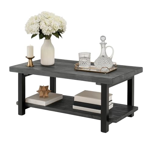 Image of Alaterre Furniture Pomona Solid Wood Coffee Table, Slate Grey, 42 inch | Rectangular Center Table with Storage Shelf and Metal Legs, Rustic Industrial Farmhouse Living Room Furniture