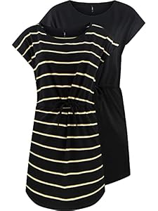 ONLY Damen Sommer Mini Kleid onlMAY S/S Dress 2er Pack Grösse XS S M L XL XXL Gestreift Schwarz 100% Baumwolle, Größe:L, Farbe:Black Double York Yellow