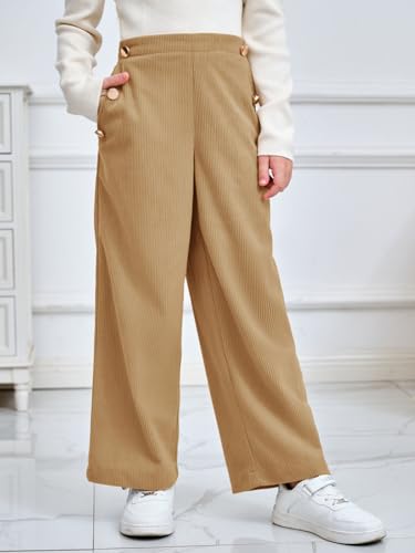 Image of Haloumoning Girls Wide Leg Corduroy Pants Kids Elastic Waist Gold Button Trousers with Pockets 5-14 Years
