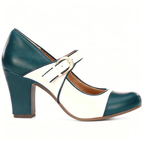 Image of SHODENSE Women Vintage Chunky High Heel Mary Jane Shoes Round Closed Toe Ankle Strap Dress Sandals 3 inch Block Heels Mary Jane Lolita Pumps Two-Toned Patchwork Buckle Office Lady Wedding Retro 4-11 M US