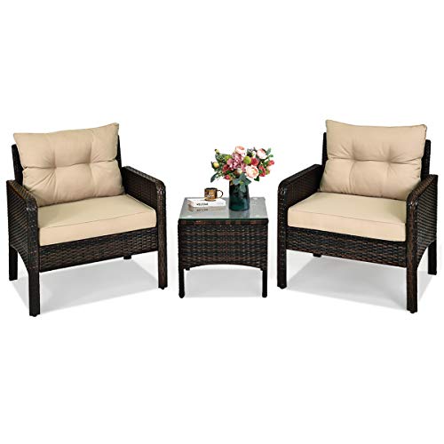 HAPPYGRILL Ensemble de 3 meubles de terrasse en rotin avec table basse et chaises avec coussins d&rsquo;assise pour jardin, balcon, arrière-cour, bord de piscine