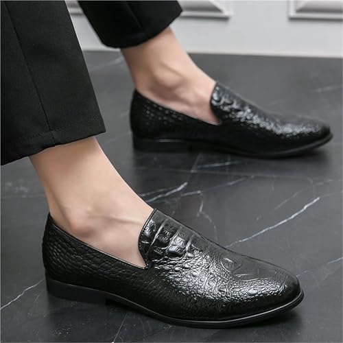 Shoes Dress Oxford for Men Slip On Round Burnished Toe Vegan Leather Crocodile Print Low Top Anti-Slip Block Heel Working3