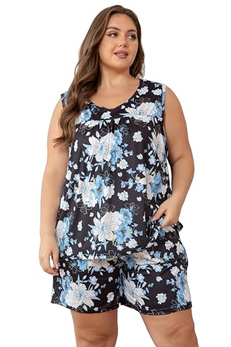 Vozanet Conjunto de pijama sin mangas para mujer, camiseta sin mangas y pantalones cortos, ropa de dormir con bolsillos, talla grande, floral, ropa de dormir para mujer, Azul, beige, lirio y negro,