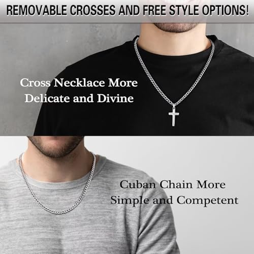 IEFLIFE Cross Necklaces Gifts - Cross Necklaces Gifts for Men Him, Silver Cuban Link Chain Stainless Steel Cross Necklace Jewelry Anniversary Birthday Gift for Dad Husband Son Grandson Gift3
