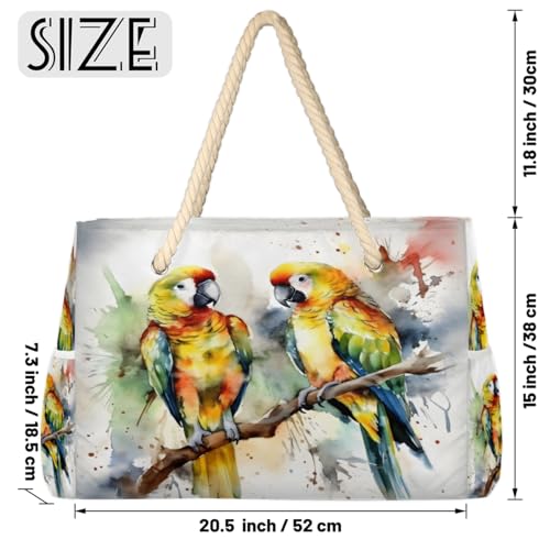 Watercolor Bird Tree Branch Beach Bag for Women Waterproof Sandproof Tote with Zipper Cotton Rope Handles for Travel Pool Gym Shopping2