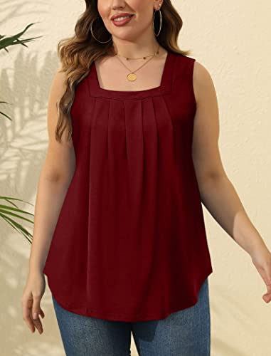 Image of Saloogoe Summer Tank Tops for Women Loose Fit Pleated Square Neck Sleeveless Tops Curved Hem Flowy