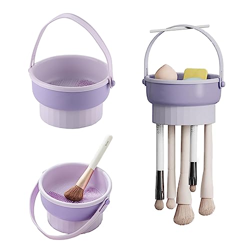 2 in 1 Silicone Makeup Brush Cleaning Mat with Brush Drying Holder, Portable Cosmetic Brush Cleaner, Purple