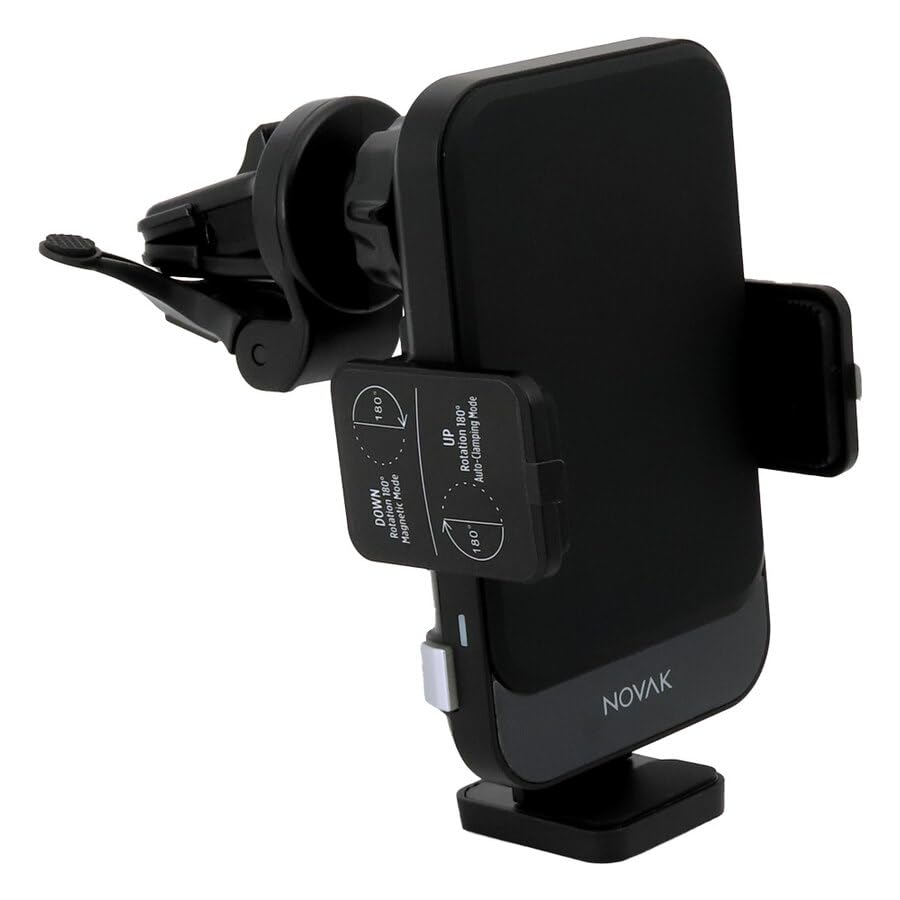 NOVAK Supporto Smartphone Auto Ricarica Wireless, Compatibile con MagSafe e Qi, Ventosa Super Aderente, Compatibile con iPhone e Samsung Galaxy