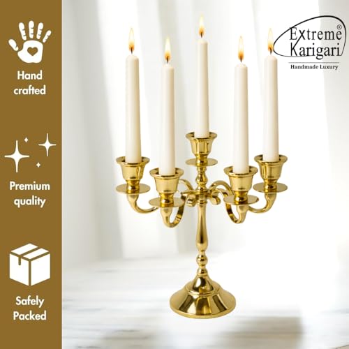 Image of Aluminum 5-Arm 8inch Gold Candelabra for Dining Table | Vintage Candle Stand for Romantic Dinner, Home & Wedding Decor