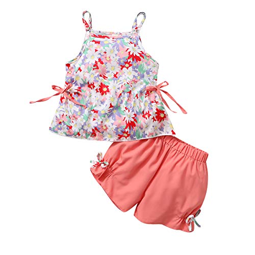 Toddler Baby Girl Floral Shorts Set Daisy Halter Tank Top+Bow Tie Lacing Shorts Summer Clothes Outfits (3-4T,Sweet Pink)