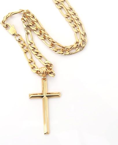 Image of ADORATO JEWELRY 24K Gold Figaro Chain Style Cross Pendant Necklace 5MM Cross Necklace Clasp for MEN, HUSBAND Thin for Charms Miami Cuban Link Diamond Cut Religious Beveled Edge