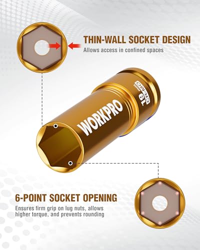 Image of WORKPRO 1 /2 inch Drive Lug Nut Impact Duty Socket, 19mm Deep Thin Wall Socket, Made of Premium Cr-Mo Steel, Non-Marring Lug Nut Wheel Sockets for Car