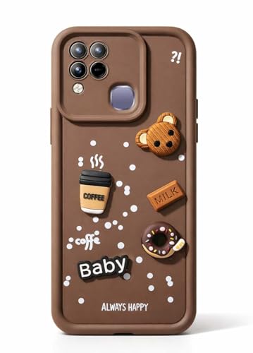 Image of Bintage CASE Cute Fun Taddy Cartoon 3D Ball Bear Milk Cake Coffee Silicon Case Full Body & Camera Protection Back Cover Compatible for Infinix Hot 12 - Brown