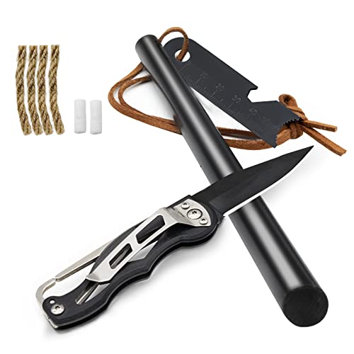 BCHARYA Fire Starter Survival Tool, Ferro Rod Kit with Leather Neck Lanyard and Folding Pocket Knife, Flint and Steel Survival Igniter with Tinder Rope and Tab for Camping, Hiking and Emergency