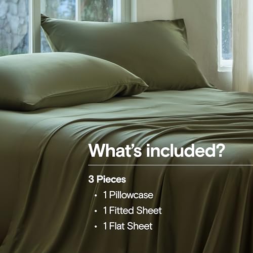Image of DOZ Sheet Set, 100% Viscose derived from Bamboo, Organically Grown, Buttery Soft, Cooling Sheets, High GSM, Deep Pockets - 3 Piece - 1 Pillowcase 1 Fitted 1 Top Sheet (Olive, Twin XL)