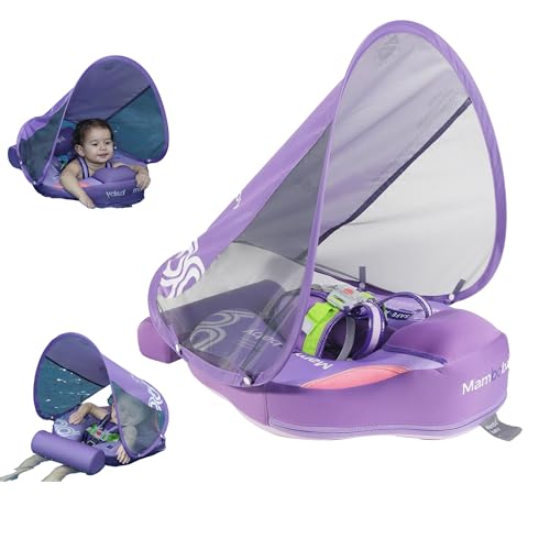 Image of Mambobaby Float Baby Float with Canopy & Tail Non-Inflatable Infant Pool Floats Adjustable Safety Strap Toddler Swim Trainer (Purple)