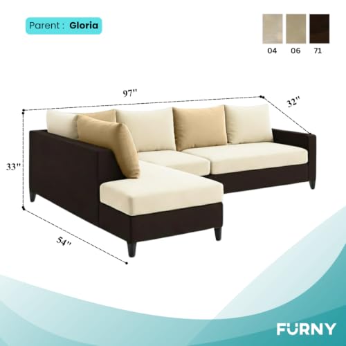 Image of FURNY Glory 6 Seater LHS Fabric Sofa Set (Dark Brown-Cream-Beige) with Velvet Finish | Durable Comfort | Ideal for Living Room | Breathable material