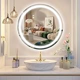 Beelux 24' Round LED Bathroom Mirror with Lights,Lighted Bathroom Vanity Mirror for Wall Anti-Fog, Dimmable, Backlit Memory Function, Waterproof, Tempered Glass,3 Colors Adjustable