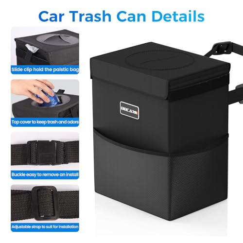 Image of Beicarin Car Trash Can with Lid - Trash Bag Hanging with Storage Pockets Leak-Proof Collapsible and Portable Waterproof Garbage Bin, 2.05 Gallons Multipurpose Trash Bin for Car