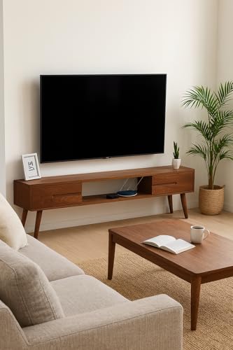 Image of Streem Solid Sheesham Wood Entertainment Floating Tv Unit for Living Room | Media Tv Cabinet | Open Shelf & 2 Door Drawer Storage (100 CM TV Unit, Floor Mount)