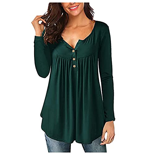 Fullfun_2019 Womens Long Sleeve Henley Shirts V-Neck Button Pleated Tunic Loose Casual Pleated Top (Army Green, XXXL)