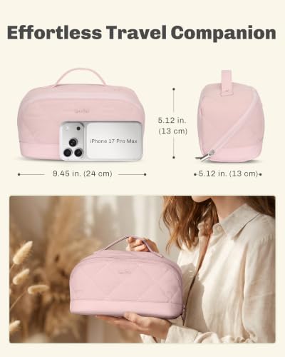 Image of Hynes Eagle Travel Makeup Bag for Women Puffy Cosmetic Organizer Pouch Open Flat Toiletry Bag for Toiletries Brushes Structured Base Light Pink