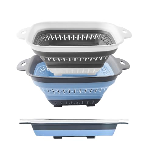 Fglmctsh Collapsible Colander Set, Square Round Triangles Silicone Kitchen Strainer Perfect for Draining Pasta Vegetable fruit 2 PCS (10.8"L x 8.6"W x 2"H, Blue & Gray)