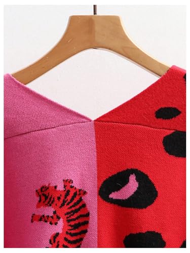 Image of WDIRARA Women's Leopard Tiger Print Cardigan V Neck Long Sleeve Color Block Button Down Sweater Outwear